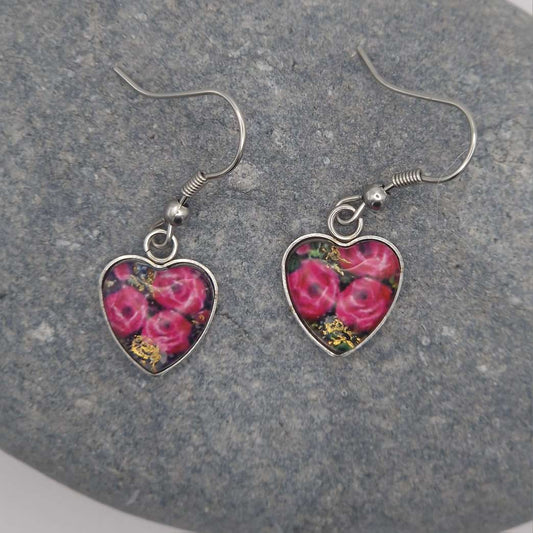 "Heart of roses" Heart shaped glass Art Earrings.