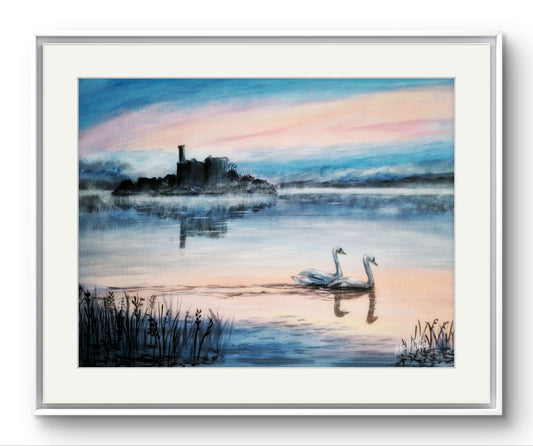 Misty Morning featuring two swans on a lake in front of castle island, lough key, forest park, Roscommon