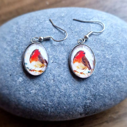 Robin oval shaped Glass Art Earrings