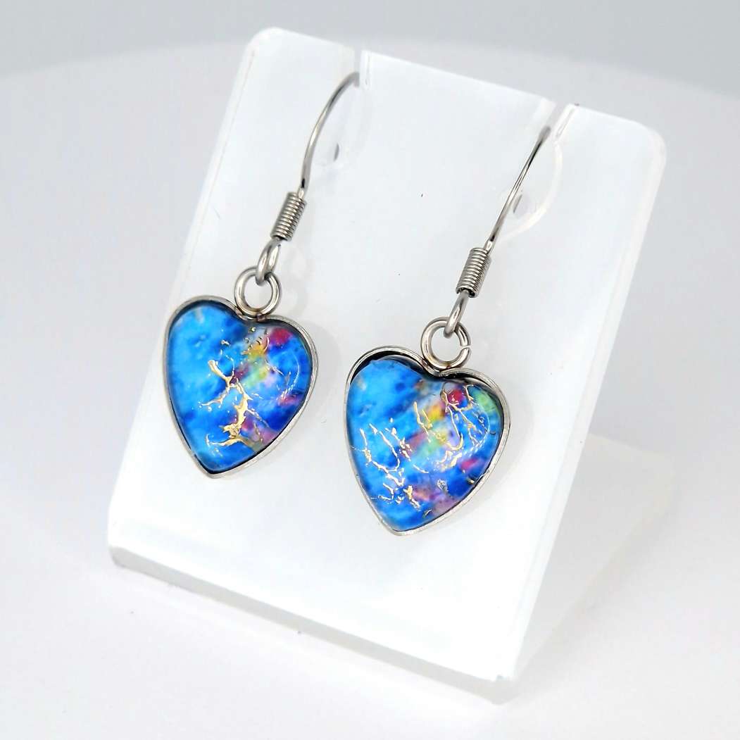 "Summer Rain  "  Heart shaped glass Art Earrings.