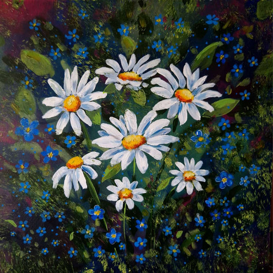 wild flower daisies on a green hedgerows 