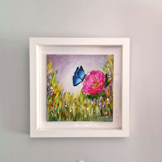 Blue butterfly on pink flower original painting
