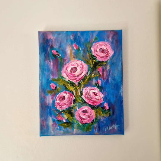 Abstract pink roses on blue original painting
