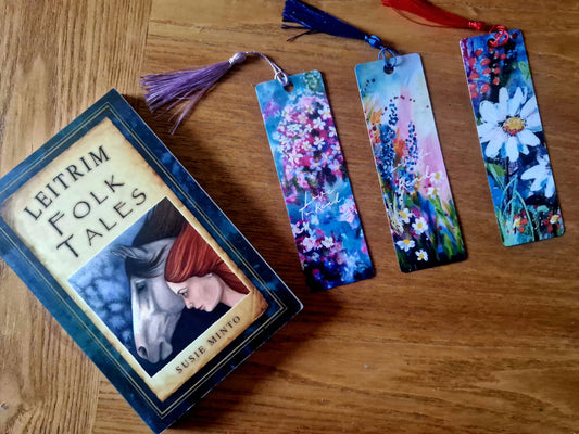 Handmade floral bookmark with tassel and bead, original artwork by Margaret Rattigan, Irish Artist.