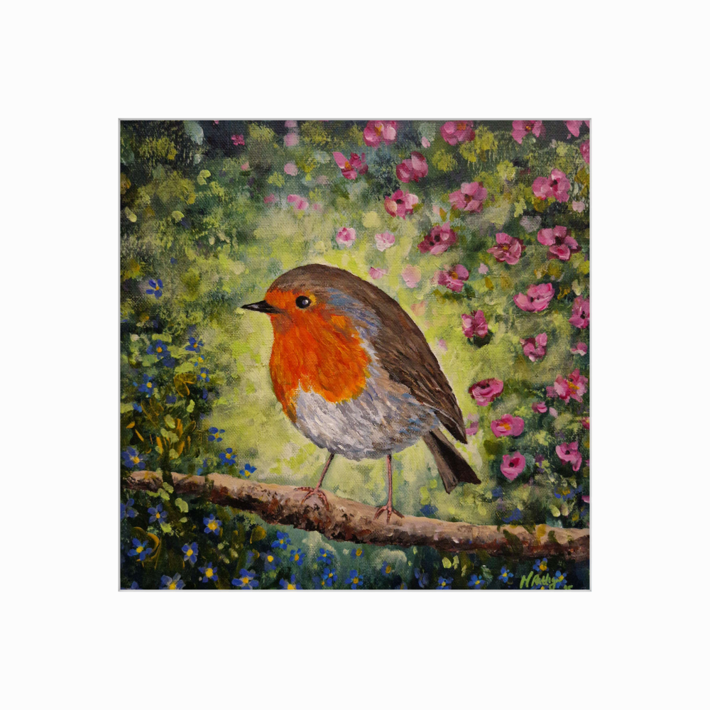 Robins Garden. little irish Perched on a branch with a green garden background,Art by Margaret Rattigan