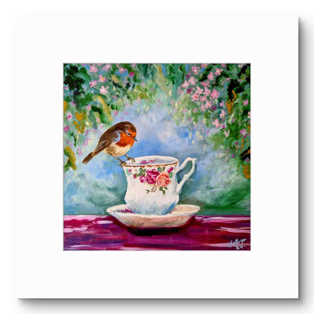 Irish robin art print on teacup, limited edition framed wall art by Margaret Rattigan"