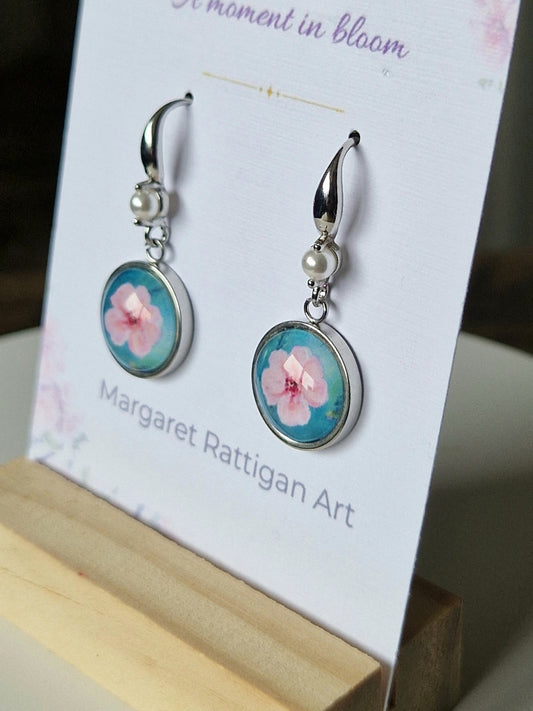 Pink Blossom Handmade Art Earrings with Pearl Feature