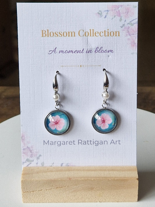 Pink Blossom Handmade Art Earrings with Pearl Feature